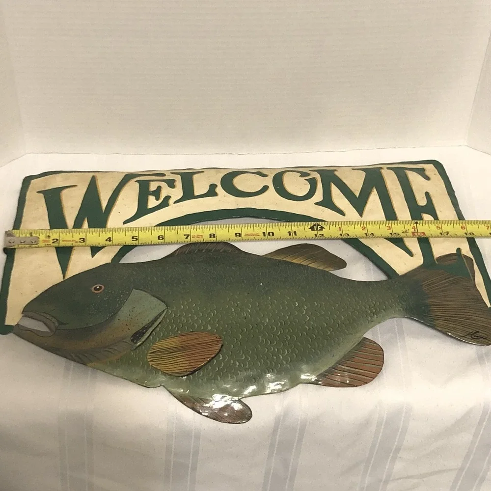 Hanging Metal WELCOME Sign FISH Bass Cabin Mancave Fishing Fisherman